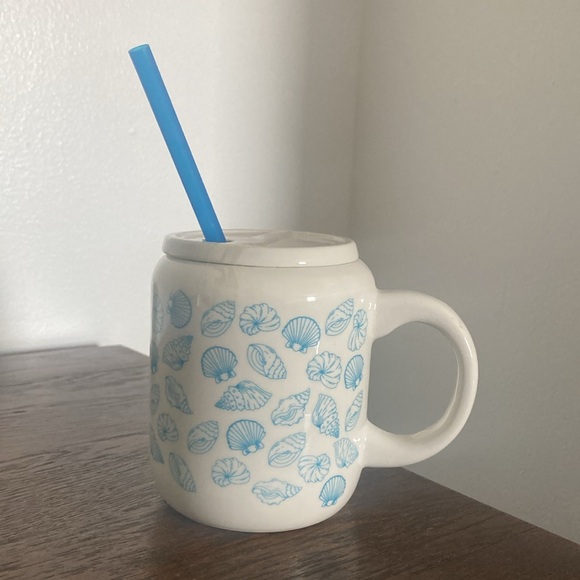 NWT- 14.5oz- Beautiful White & Blue Seashell Pattern Ceramic Mug w/ Lid & Straw - Picture 11 of 17